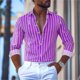 thumbnail image 3 of Camisa de hombre a rayas de 9 colores, informal, de negocios, para exteriores, primavera y verano, camisa de manga larga con solapa, diseño de botones de moda, 5XL, 3 of 5