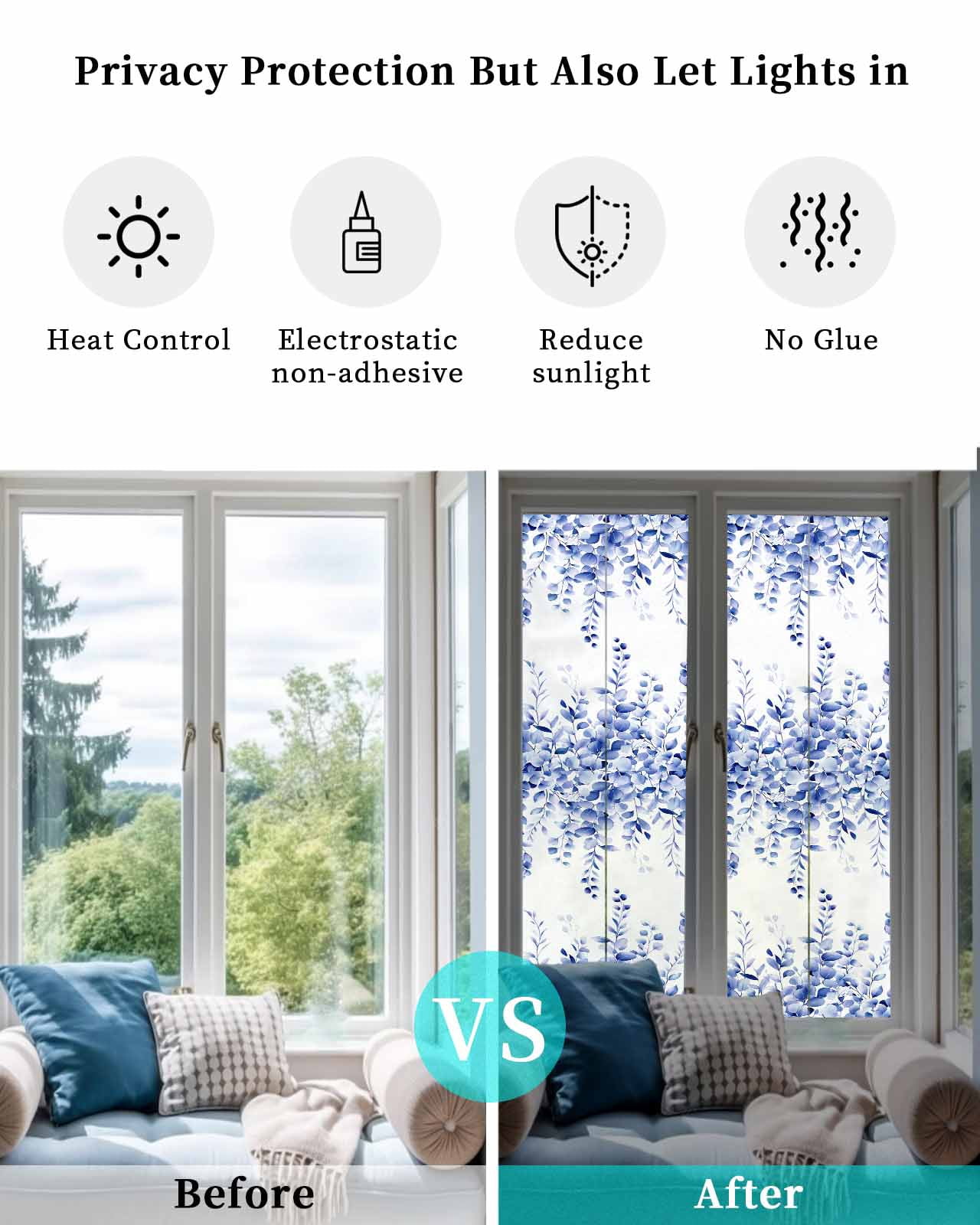 Window Privacy Film Eucalyptus Leaves Blue Stained Glass Window Film Decorative Sun Block Window Cover Watercolor Spring Botanical Window Clings Static Adhesive Sticker for Bathroom 17.7"x78.7"