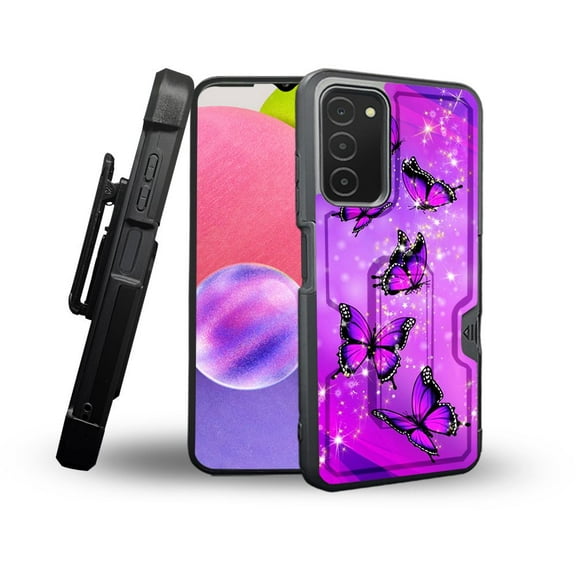 ANJ  Rugged Shockproof Holster Case Card Slot Kickstand   Tempered Glass Cover for Samsung Galaxy A03s - Hot Pink Butterfly