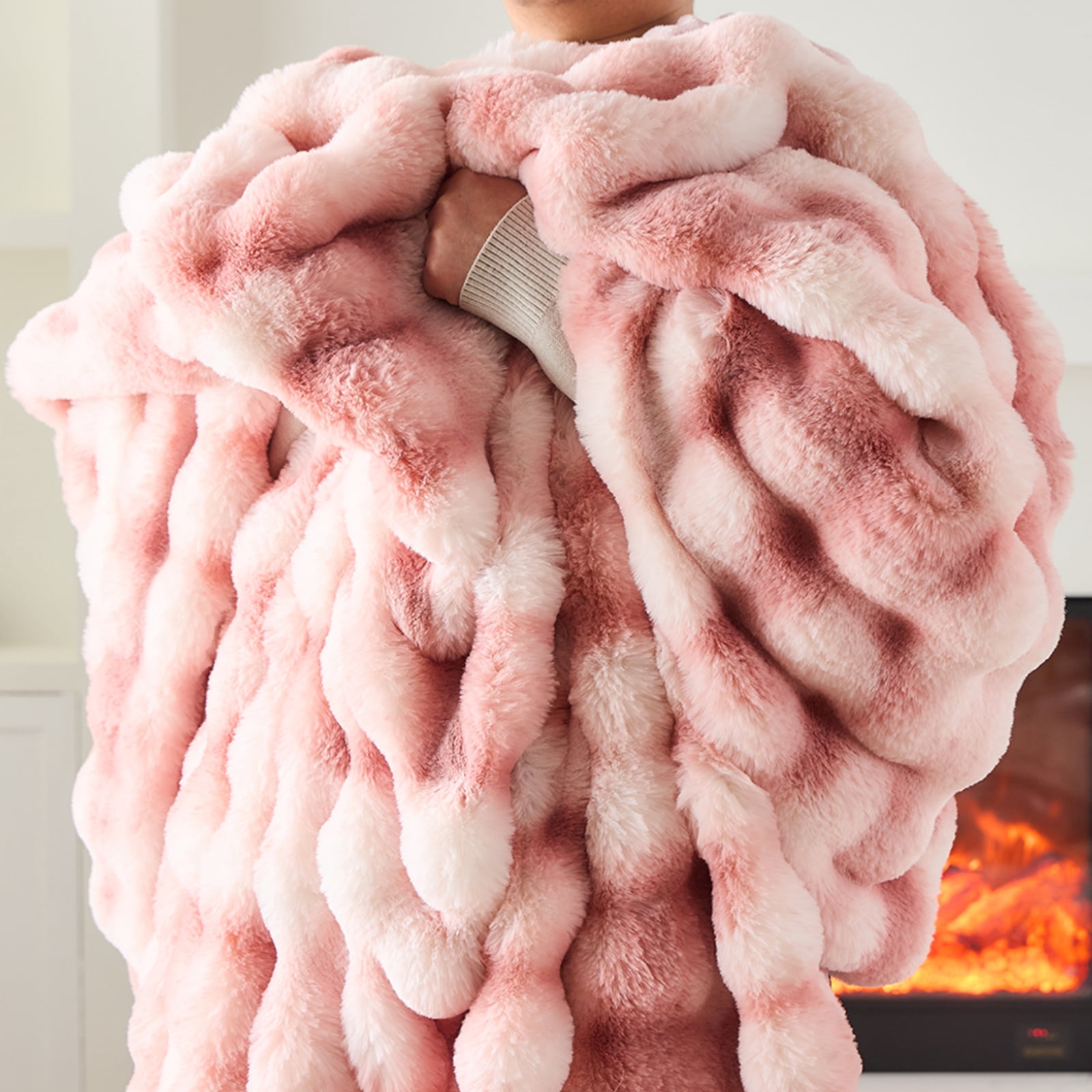 GEMBED Faux Fur Throw Blanket for Couch Fuzzy Soft Plush Thick Bubble Blanket for Living Room, 60x80 inches, Tie Dye Pink