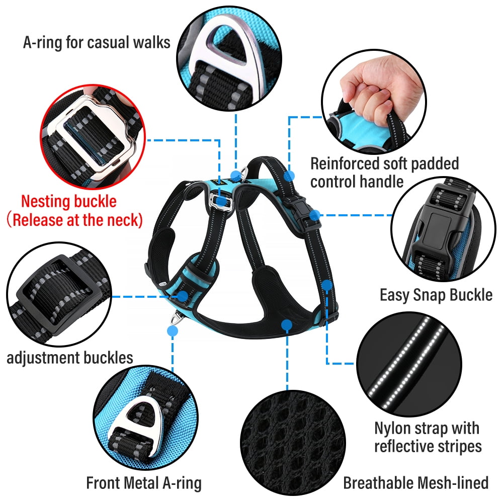 Plutus Pet No Pull Dog Harness, Release at Neck, Adjustable Reflective Dog Vest Harness, M, Cyan