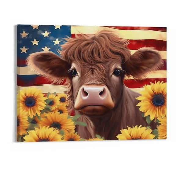 JRXY American Flag Sunflower Highland Cow Bathroom Canvas Wall Art Cute Animal Decor Farmhouse Style Botanical Flower Poster Bath Cow Sunflower Print Painting 20x16in Unframed 20x16in