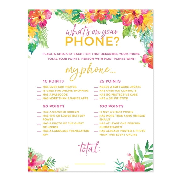 Koyal Wholesale Tropical Floral Garden Party Baby Shower “What's on Your Phone?” Game Cards, 20-Pack