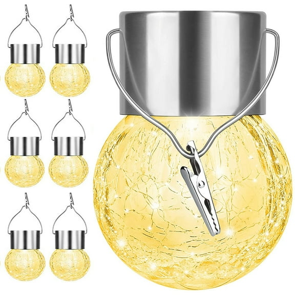 Morttic Hanging Solar Lights Outdoor, 6 Pack Solar Lanterns Cracked Glass Ball Light, Decorative Globe Light Tree Hanging Waterproof with Hook for Garden, Tree, Holiday Decoration,Warm White