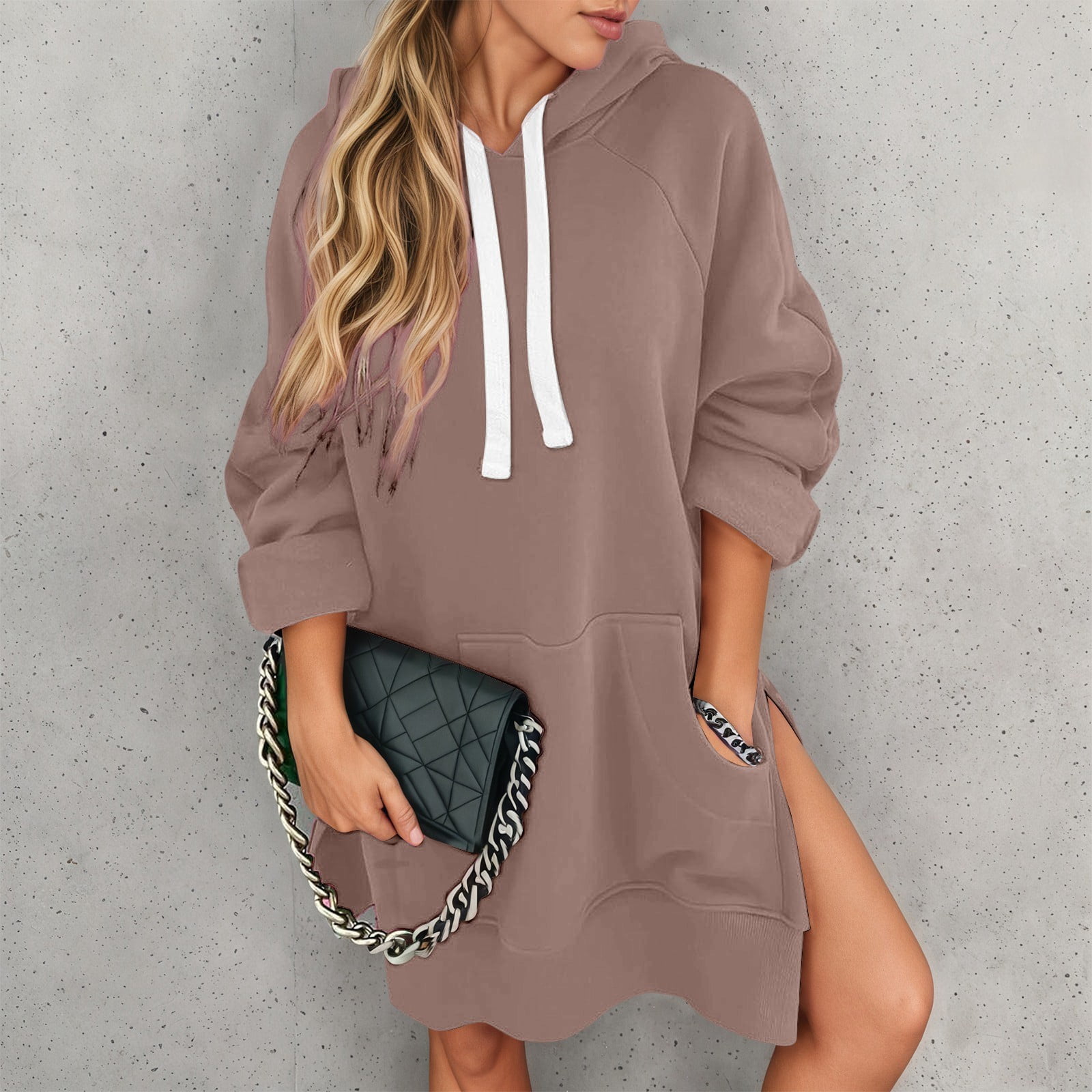 Telankuip The Warmy Oversized Hoodie Dress Women's Casual Long Sleeve Drawstring Pullover Sweatshirts Solid Color Split Hem Long Hooded Tops with Pocket Khaki XXL