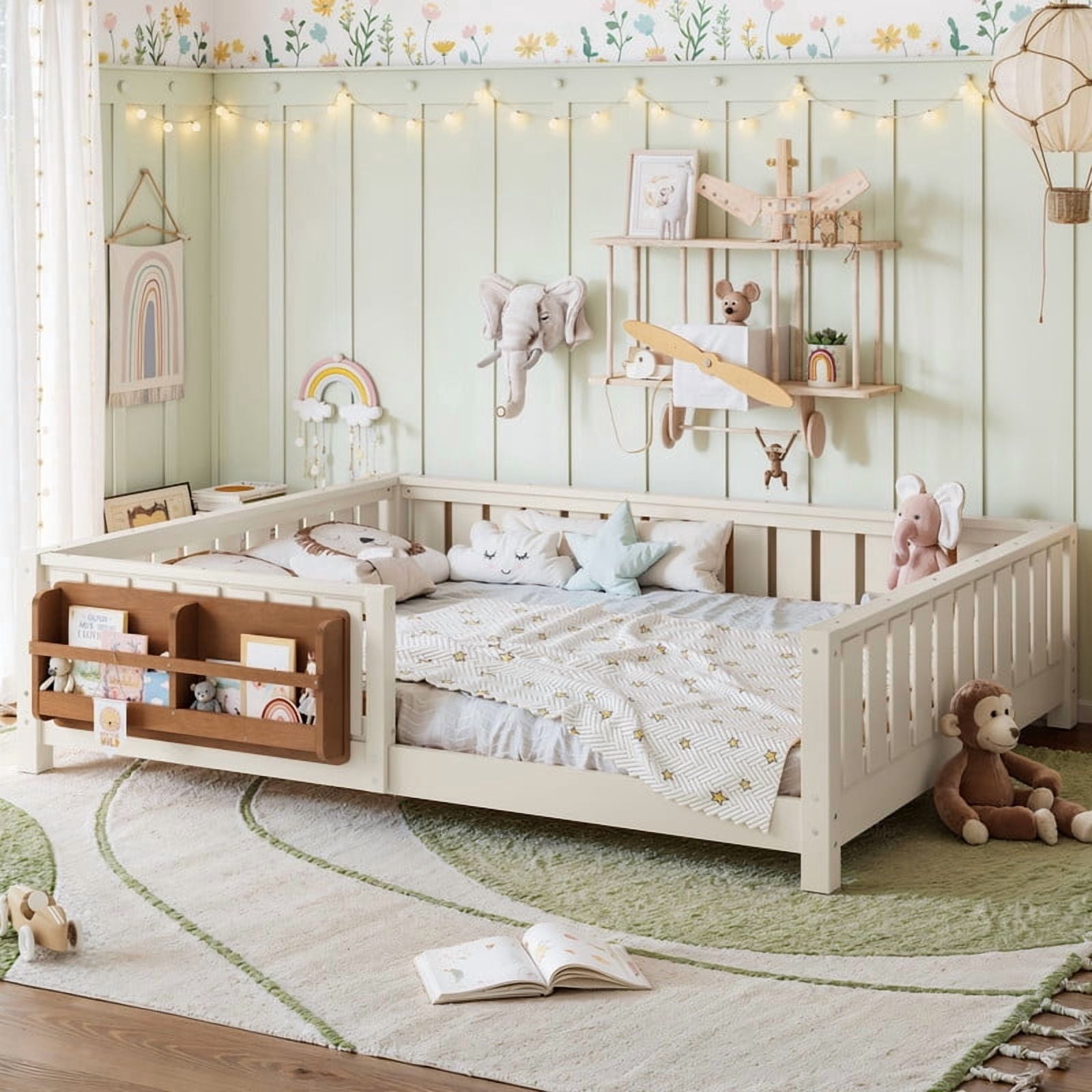 Bellemave Queen Montessori Floor Bed with Built-in Bookshelf, Queen Floor Bed with Full Safety Guardrails, Low-to-Floor Bed Frame with Slats, No Box Spring Needed, Easy Assembly, White and Beige