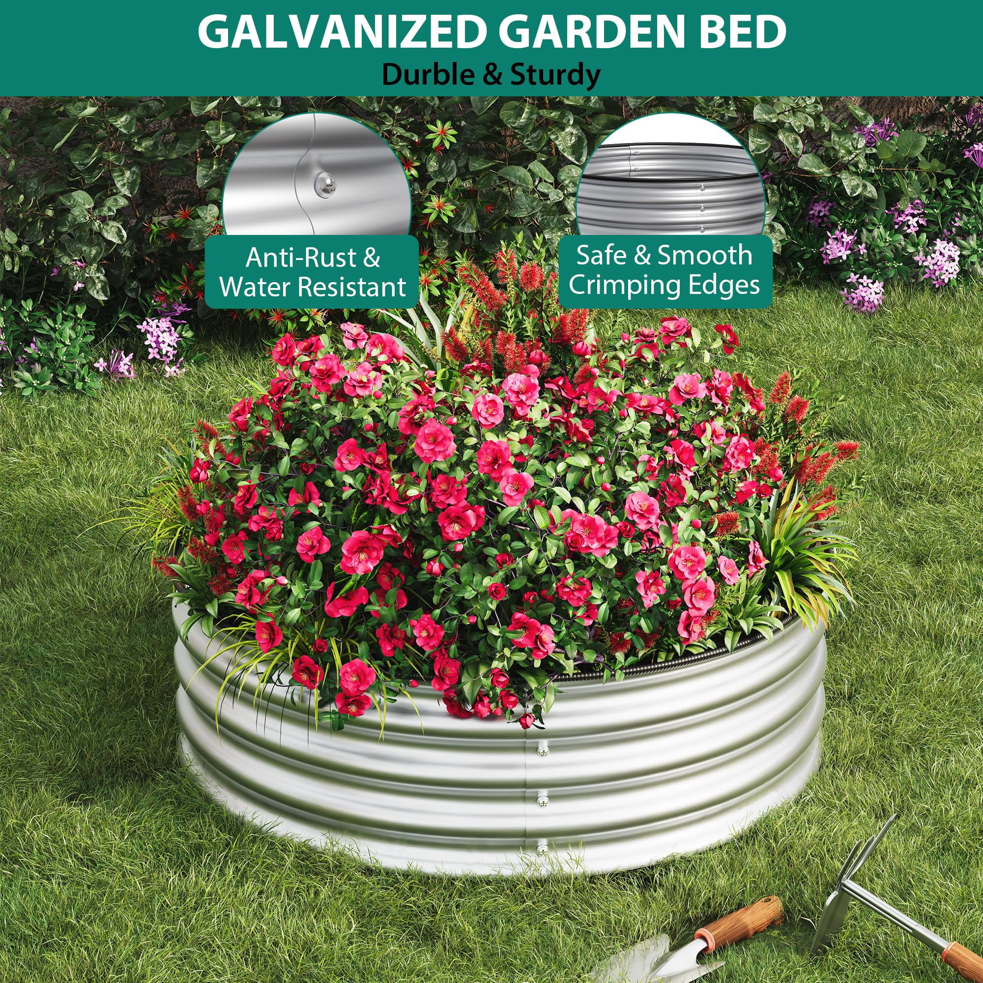 SOLLED 2 Pack Round Raised Garden Bed 2ft x 1.5ft, Galvanized Metal Planter Boxes with Rubber Edging, Open Bottom for Vegetables Flowers Herbs,Silver