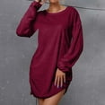 thumbnail image 2 of BLVB Women Fuzzy Long Sleeve Pullover Dress Crewneck Solid Color Winter Warm Cozy Fleece Mini Dress Long Tops, 2 of 7