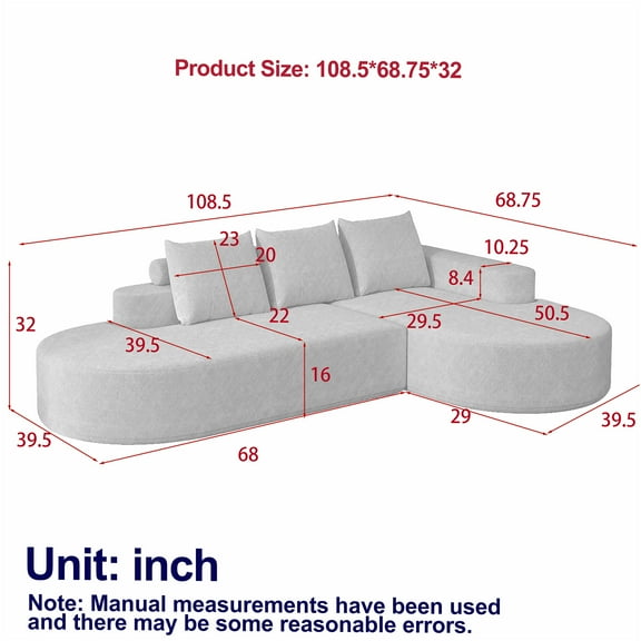 JERFIT Modern Chenille L-Shaped Sectional Sofa with Pillows, Curved Modular Couch Set for Living Room, Grey