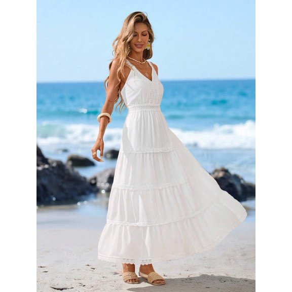 White Womens Casual Lace Tiered Maxi Dress For Beach Vacation Summer Outfit