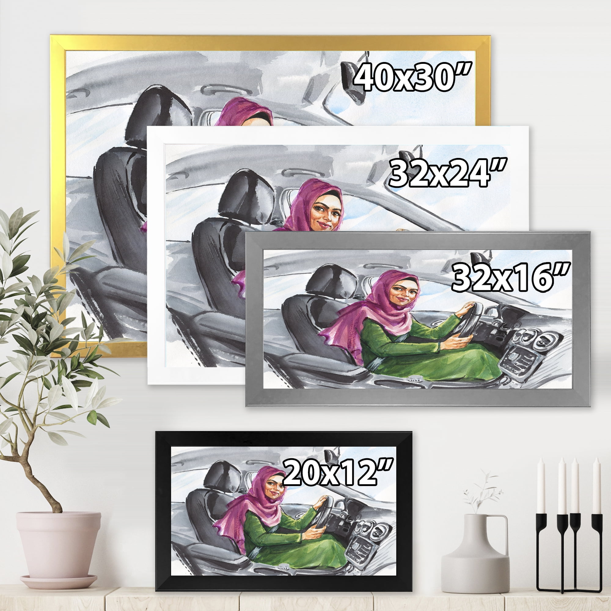 Designart 'Arabian Lady Driving A Car II' Modern Framed Art Print