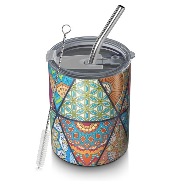 12oz Coffee Tumblers Multicolor Ethnic Geometric Pattern Stainless Steel Vacuum Insulated Travel Tumbler Coffee Cups Mug with Lid and Straw with Cleaning Brush for Cold & Hot Drinks