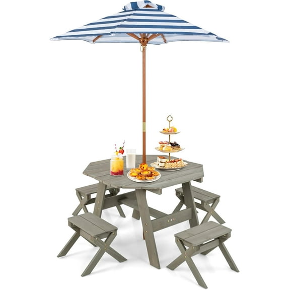 Octagon Fir Wood Kids Table & Chairs Set - Foldable Picnic Table with Adjustable Umbrella for Indoor/Outdoor Play, Backyard or Patio Use