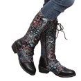 thumbnail image 4 of Bottes Décontractées Rétro pour Femmes, Mi-Mollet, à Lacets, Plates, à Fleurs Brodées, avec Fermeture Éclair, pour l'Hiver, 4 of 7