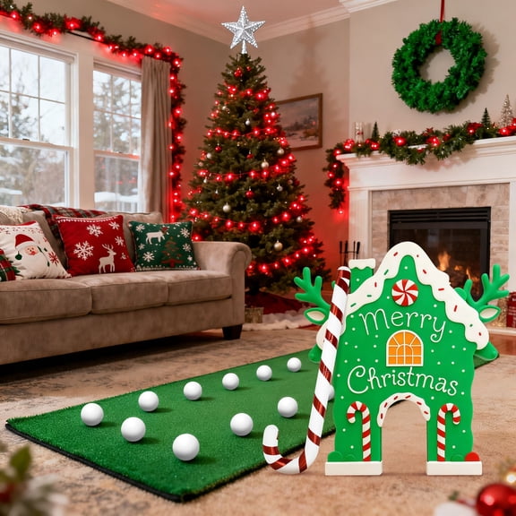 Christmas Mini Golf Game Set Candy Cane Club with Wooden House Target and Soft Balls for Holiday Party Activity