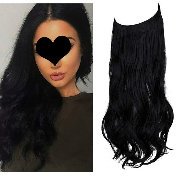 Hairpiece Hair Extensions with Invisible Transparent Wire Adjustable Size Removable Secure Clips in Curly Wavy Hidden Secret Hairpiece for Women 20 Inch 4.5 Oz -Black Brown Blonde