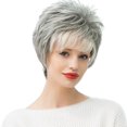 thumbnail image 3 of Peluca corta natural del cabellero corte del duendecillo s mujeres Pelucas llenas cabeza Ombre gris shamjiam Pelucas de cabello humano, 3 of 9