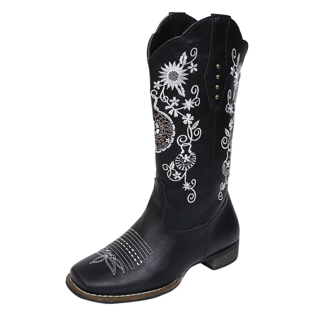 NECHOLOGY Botas Mujer Adulto Femenino Zapatos Botines de mujer Botines con estampado de bordado retro Slip-On Tacones de mujer Zapatos medios Botas de mujer con punta de tubo (Black, 9.5)