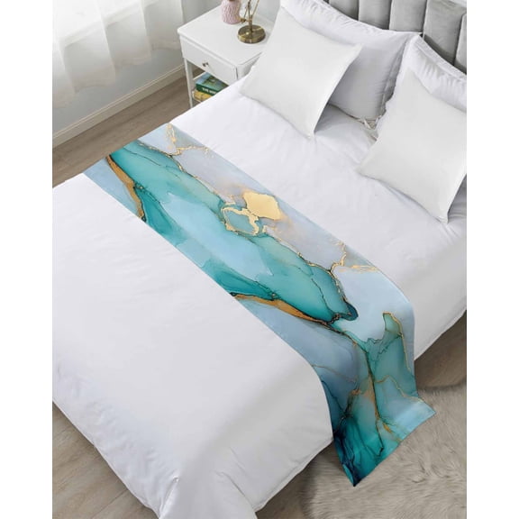 Xipuska Turquoise Gold Marble Bed Runners for Twin Size Bed, Decorative Bed Throws for Foot of Bed, Modern Abstract Geometric Bed Runner Sofa Throw Bedding Scarf Protector Slipcover for Bedroom/Hotel