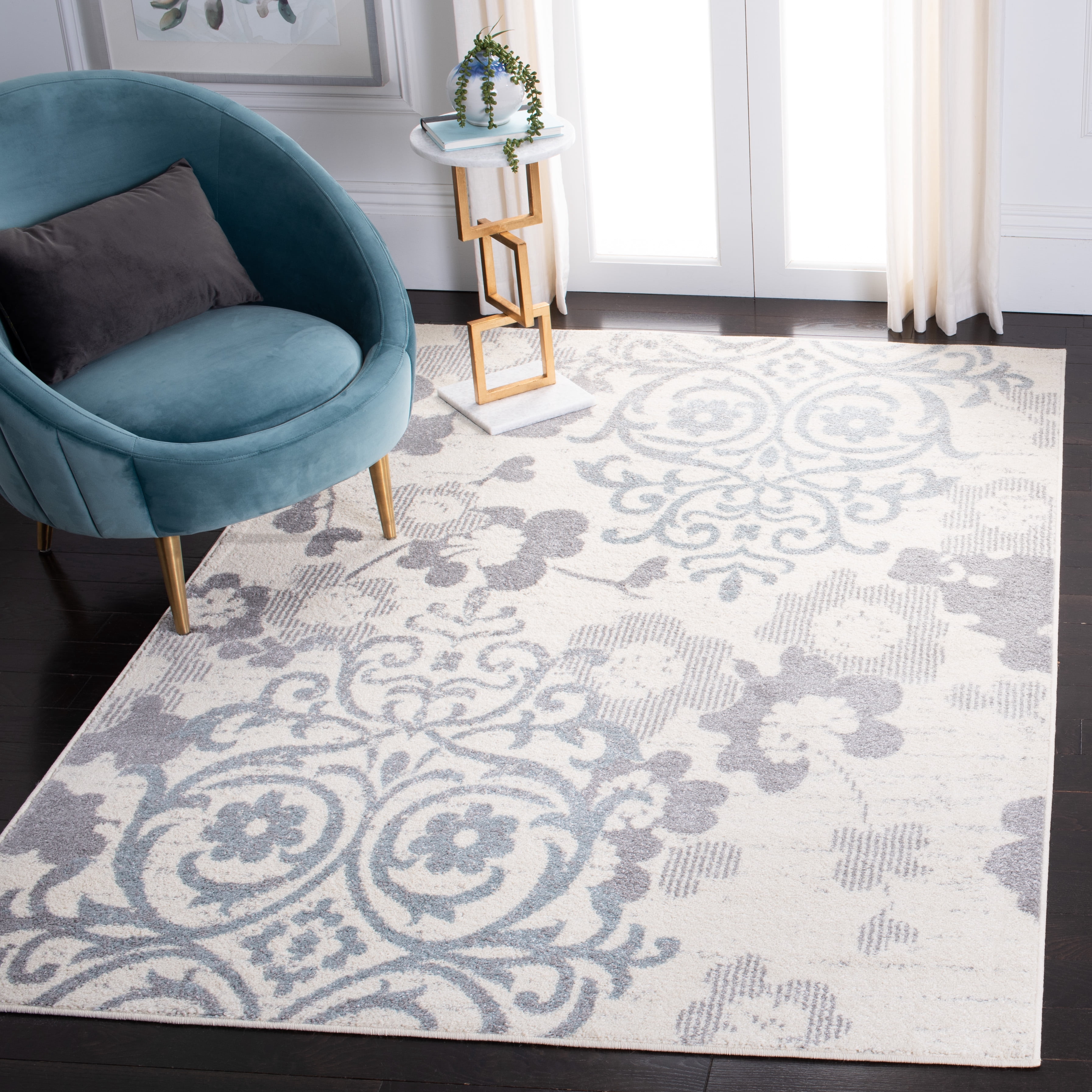 SAFAVIEH Adirondack Hortense Floral Area Rug, Ivory/Grey, 4' x 4' Square