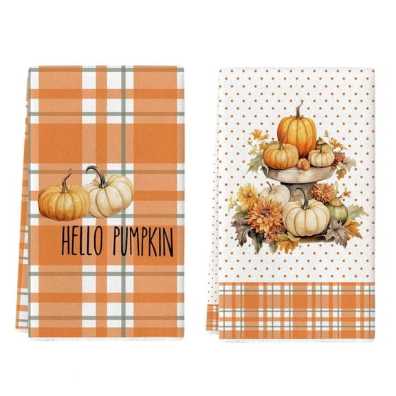 Hello Pumpkin Kitchen Towels, Orange Fall Plaid Polka Dot Floral Pumpkin Decorative Dish Towels, Farmhouse Autumn Harvest Absorbent Hand Towels for Kitchen Home Decor 18*26 inch