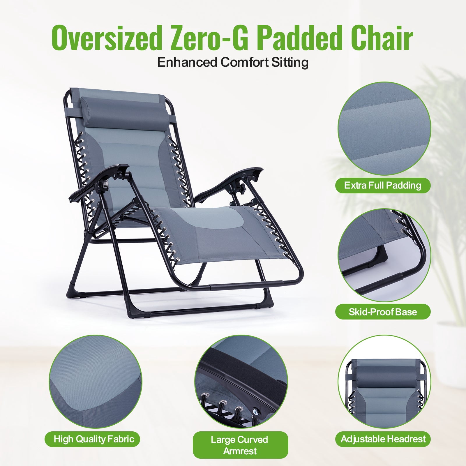 Backyard Expressions Deluxe XL Padded Recliner Zero Gravity Chair – Ergonomic Anti Gravity Lounger with Folding Design, Side Tray, and Adjustable Headrest