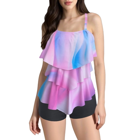 Womens Tankini Set with Boyshorts Tummy Control Two Piece Swimsuit Flowy Tankini Top with Bottoms Performance Athletic Bathing Suit