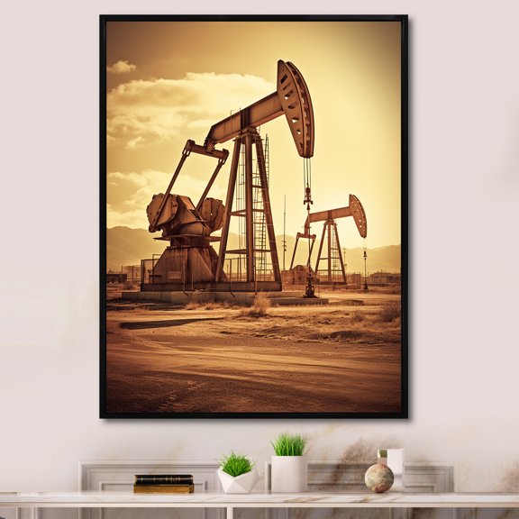 Designart "Vintage Horizon With Oil Drilling Rig" Oil Rigs / Fields Floater Framed Wall Decor