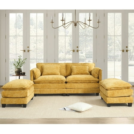 JONPONY 76.77" U Shaped Couch,Oversized 2 Seats Sectional Sofa,Sleeper Convertible Upholstery Sofá with 2 Ottomans & Side Pockets for Living Room,Furniture,Apartment,Yellow