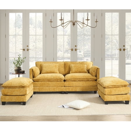 JONPONY 76.77" U Shaped Couch,Oversized 2 Seats Sectional Sofa,Sleeper Convertible Upholstery Sofá with 2 Ottomans & Side Pockets for Living Room,Furniture,Apartment,Yellow