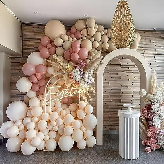 AOWEE Retro Pink Birthday Balloons, Balloon Garland Kit for Girls Birthday Rose Gold Beige Boho Balloon Garland Decoration for Baby Shower Birthday Wedding Party Reusable