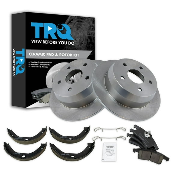 TRQ Rear Brake Pad & Rotor Kit Brake Pads Brake Rotor Parking Brake Shoe Set Ceramic Fits Select 1999-2004 Jeep Grand Cherokee
