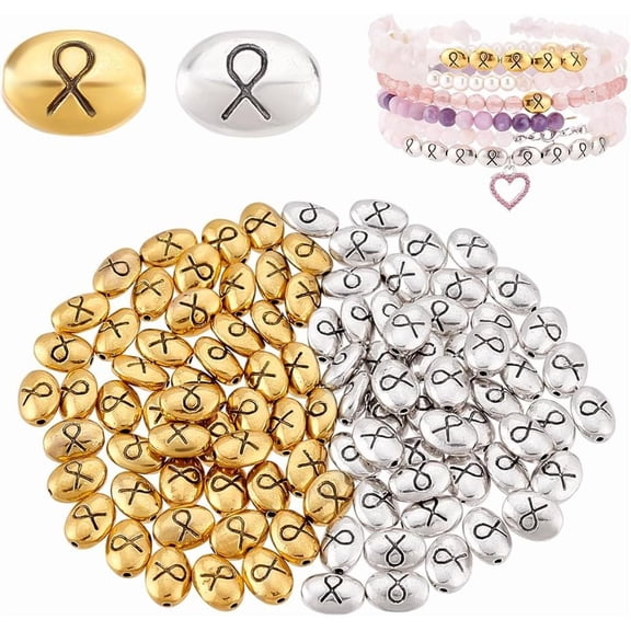 Ribbon Beads for Bracelet Oval Spacer Beads Cancer Awareness Ribbon Bead Alloy Metal Charms for Jewelry Making Antique Silver & Antique Golden