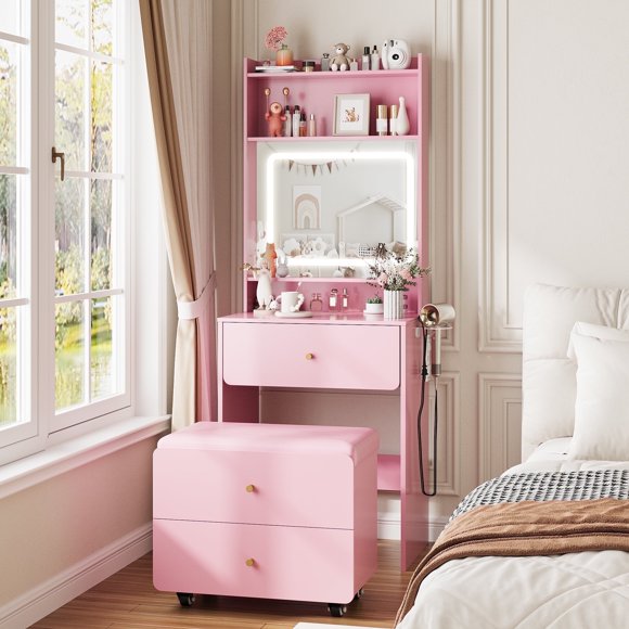 VEANERWOOD Pink Vanity Desk Set for Small Spaces, 23.62” Small Makeup Vanity Table with Rolling Stool, Lighting Mirror & Charging Station for Girls