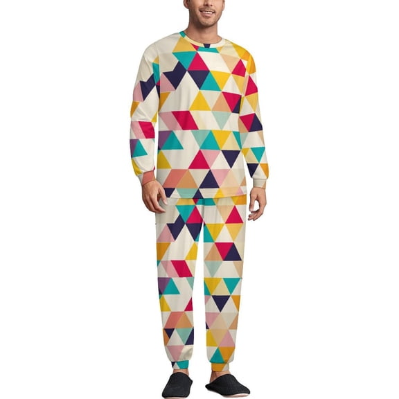 Colorful Geometry Men's Pajama Set Sleepwear Pjs Lightweight Long Sleeve Crewneck Shirts and Bottoms Soft Comfy Sleep Sets XS