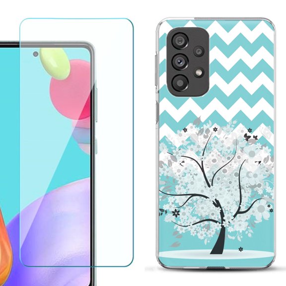 Slim-Fit Gel TPU Phone Case for Samsung Galaxy A33 5G, with Tempered Glass Screen Protector, by OneToughShield ® - Chevron/Tree