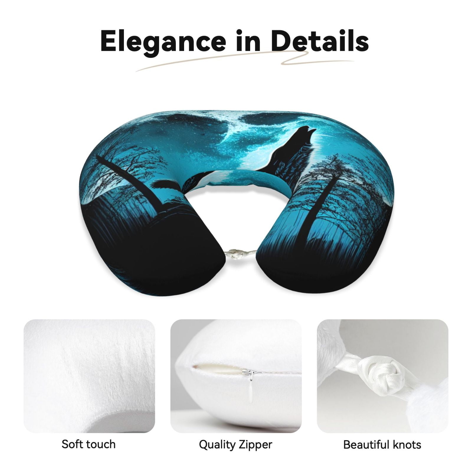 Xecao Blue Full Moon Wolf Print Memory Foam Cervical Neck Pillow Versatile U-Shaped Pillows for Home,Office,Camping,Travelling,Soft Washable Cover