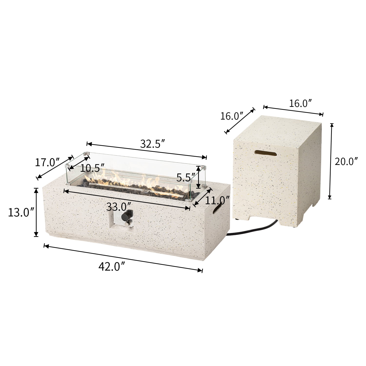 VENTOPYR 42" Rectangular Propane concrete Fire Pit Table with Wind Guard, Tank Table & Fire Glass​​