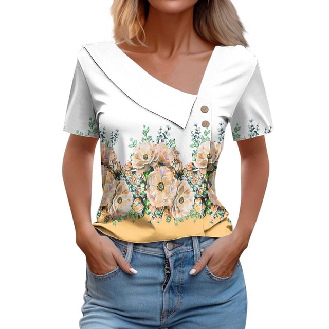 Birdeem Chemise Imprimée pour Femmes Printemps/été Manches Courtes T-Shirt Décontracté à Boutons