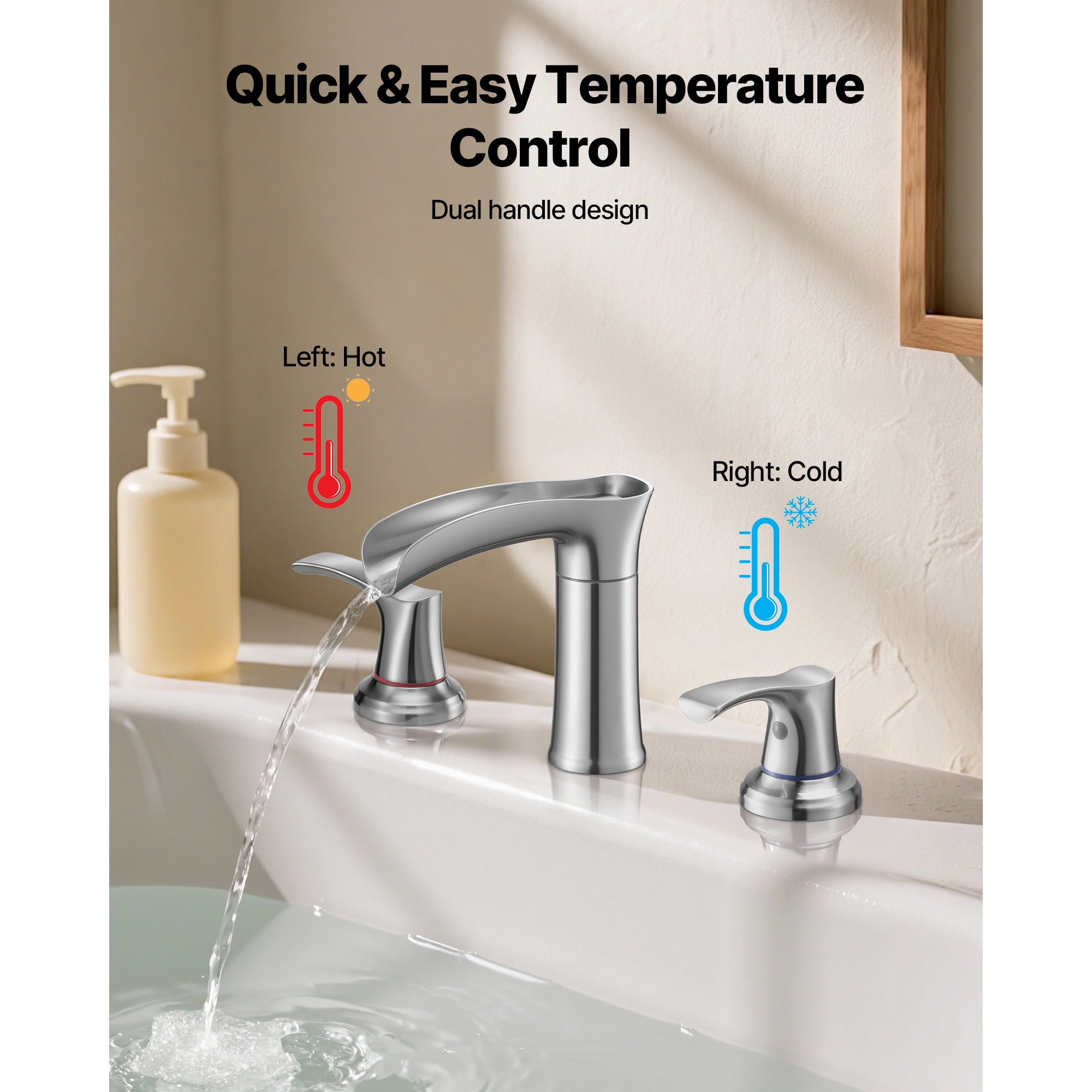 KFFKFF Roman Tub Faucet, 3-Hole Waterfall Bathtub Fixture, Zinc Alloy Bath Faucet Set with Dual Handles, Deck-Mounted Design for Washing Pets and Bathing, Silver Finish, Hot and Cold Water Adjustment