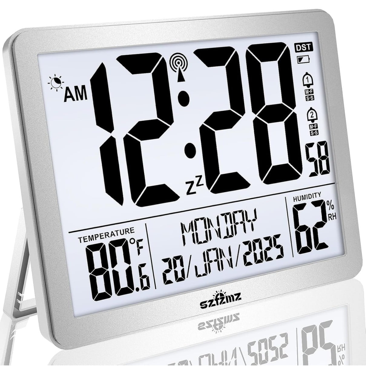 Atomic Digital Wall Clock, Battery Operated with Backlight, Indoor Temperature & Humidity, 8.5 Small Alarm Clocks for Bedrooms, Living Room, Auto DST, Silver
