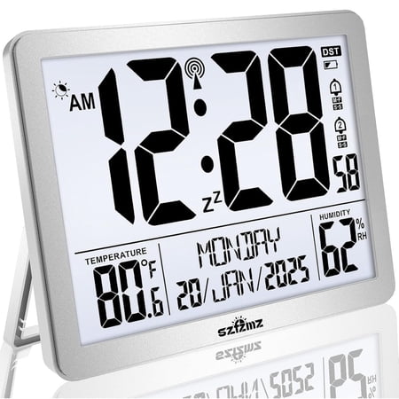 Atomic Digital Wall Clock, Battery Operated with Backlight, Indoor Temperature & Humidity, 8.5 Small Alarm Clocks for Bedrooms, Living Room, Auto DST, Silver