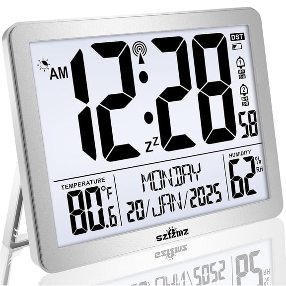Atomic Digital Wall Clock, Battery Operated with Backlight, Indoor Temperature & Humidity, 8.5" Small Alarm Clocks for Bedrooms, Living Room, Auto DST, Silver