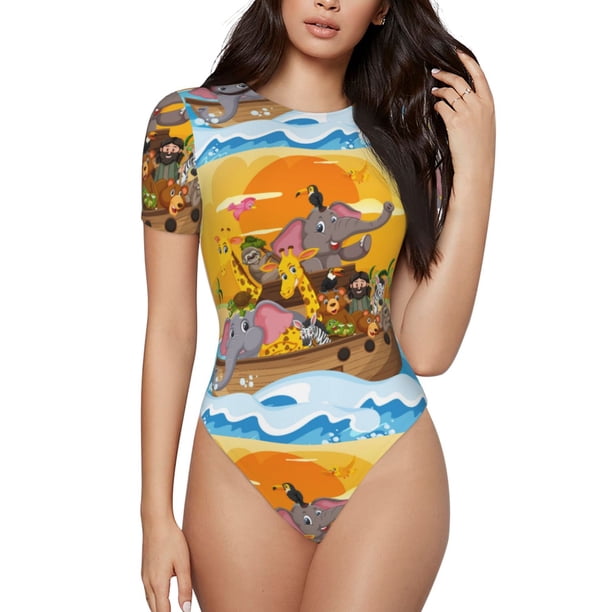 Balery Animals on Noah's Ark1 Body de cuello redondo de manga corta para mujer Tops de manga corta Tops básicos-Small
