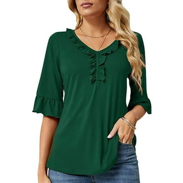 Rarida Women Ruffle Trim Half Sleeve Top V Neck Casual Loose Fit Elegant Dressy Summer T Shirt Green L