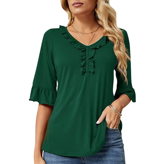 Camiseta de media manga con ribete de volantes para mujer, cuello en V, informal, holgada, elegante y elegante, camiseta de verano verde L