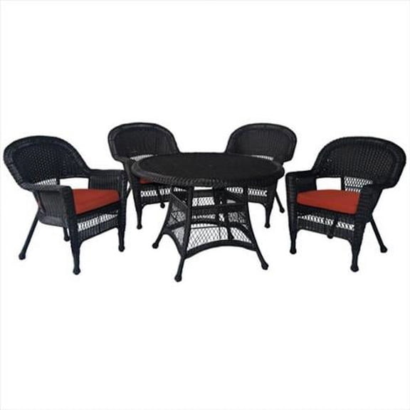 Jeco W00202D-A-G-FS018 5 Piece Espresso Wicker Dining Set - Red Cushions