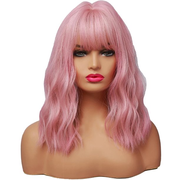 Caffney Pink Wigs Short Wavy Bob Wigs 2022 Inch Full Wig with Bangs