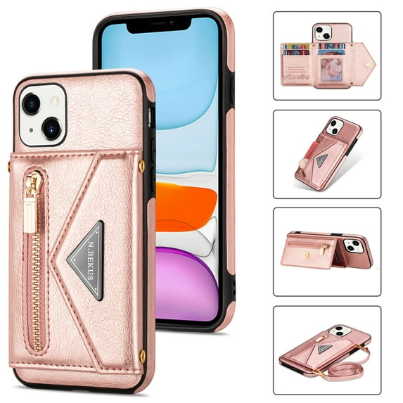 ELEHOLD Leather Wallet Case for iPhone 13 6.1 inch with Card Slots Zipper Pocket Kickstand Function Adjustable Crossbody Shoulder Strap Shockproof Purse Phone Case ,Rosegold