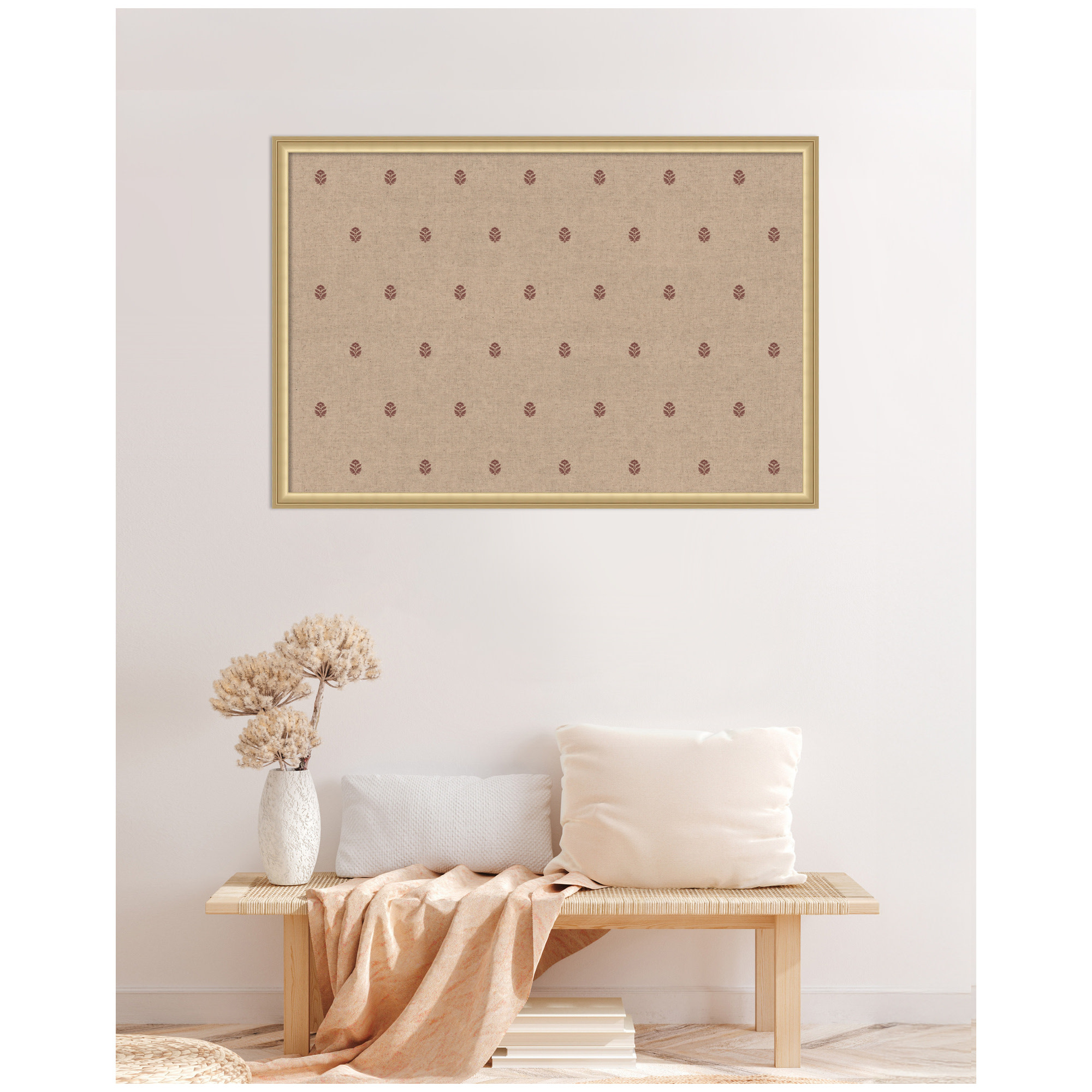 Kate and Laurel Framed Fabric Pinboard 38 x 26, Red Botanical Block Print Printed Linen Classic Bulletin Board for Use as a Vision Board or Wall Organization, Florence Gold Frame